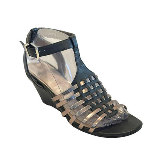 Sam & Libby Sandals Wedge Strappy Faux Leather Black/Silver Women’s Size 8.5 - Picture 1 of 10